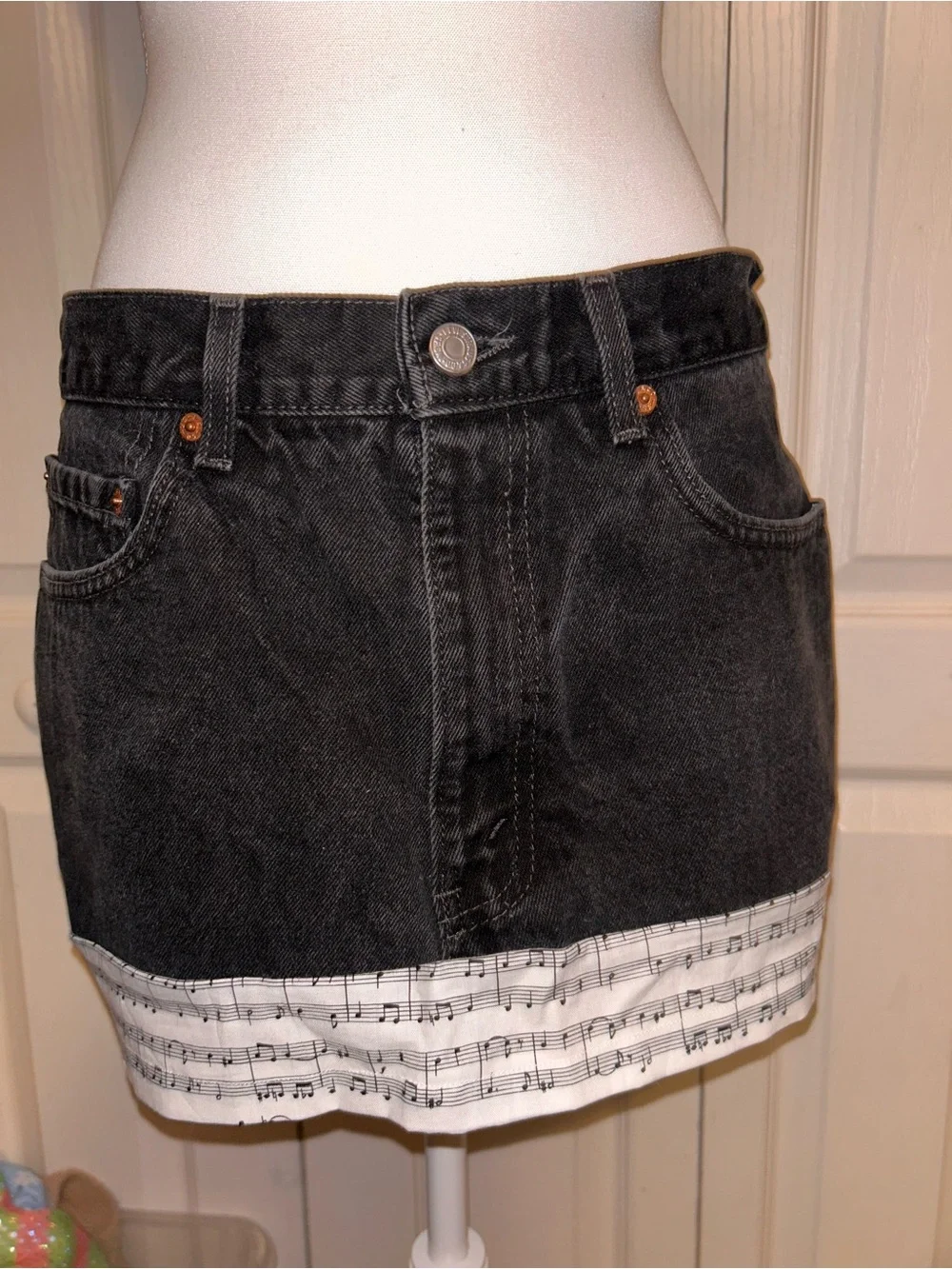 Upcycled size Men’s 34 Levi’s black denim miniskirt